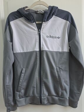 adidas Kids Gray & White Hooded Zip Jacket